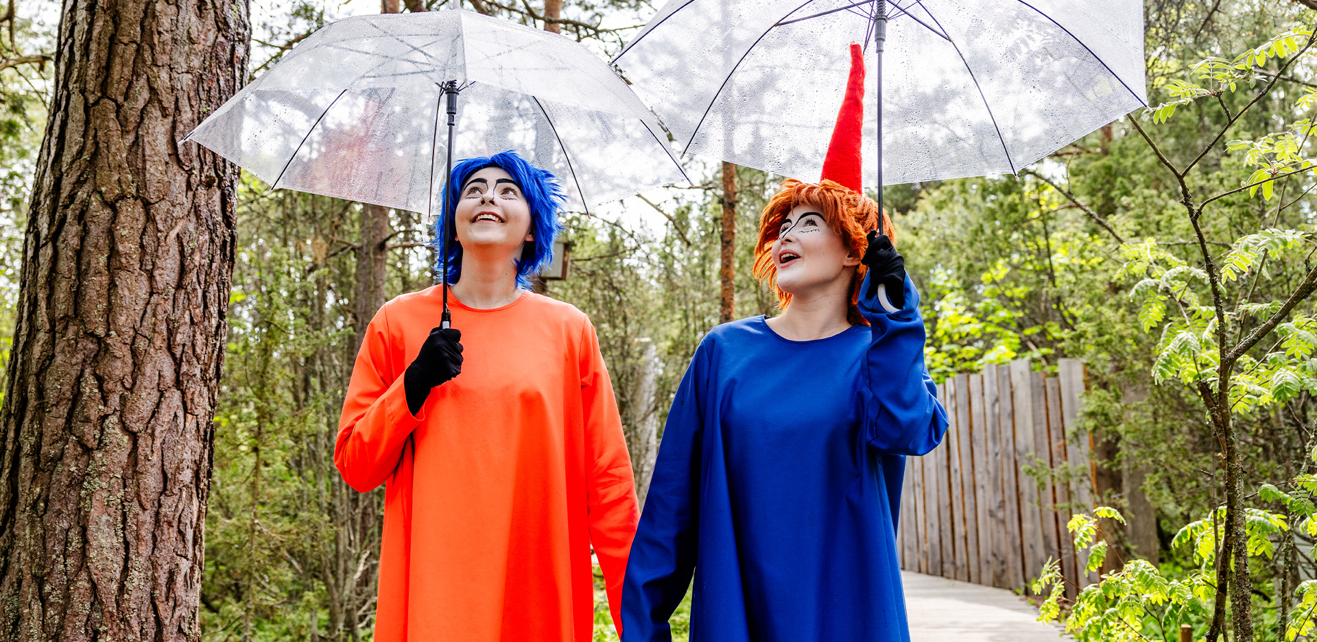 Tiuhti ja Viuhti kävelevät sateessa sateenvarjojen alla.